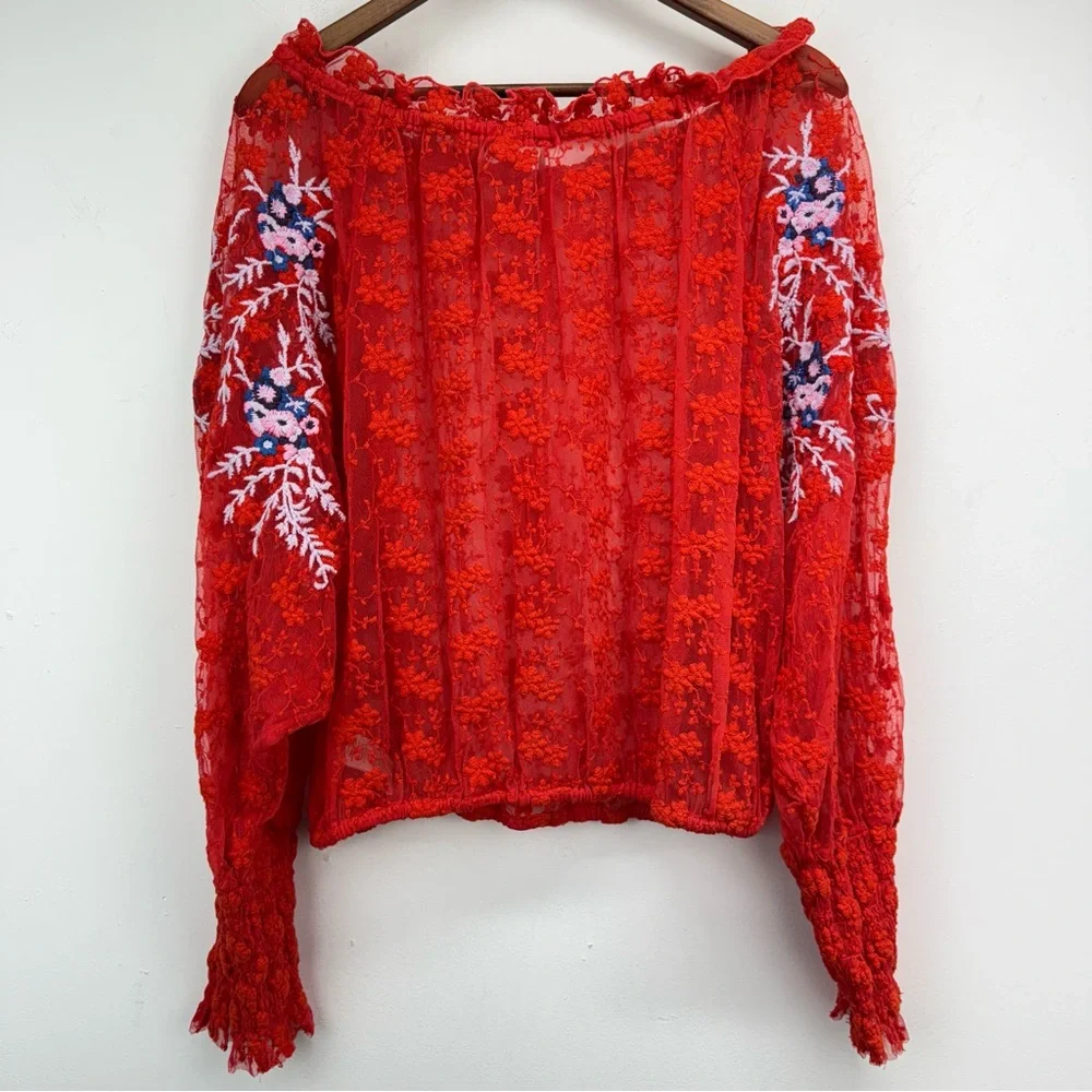 Free People size Large Women's Red Jubilee Floral Embroidered Sheer Lace Top